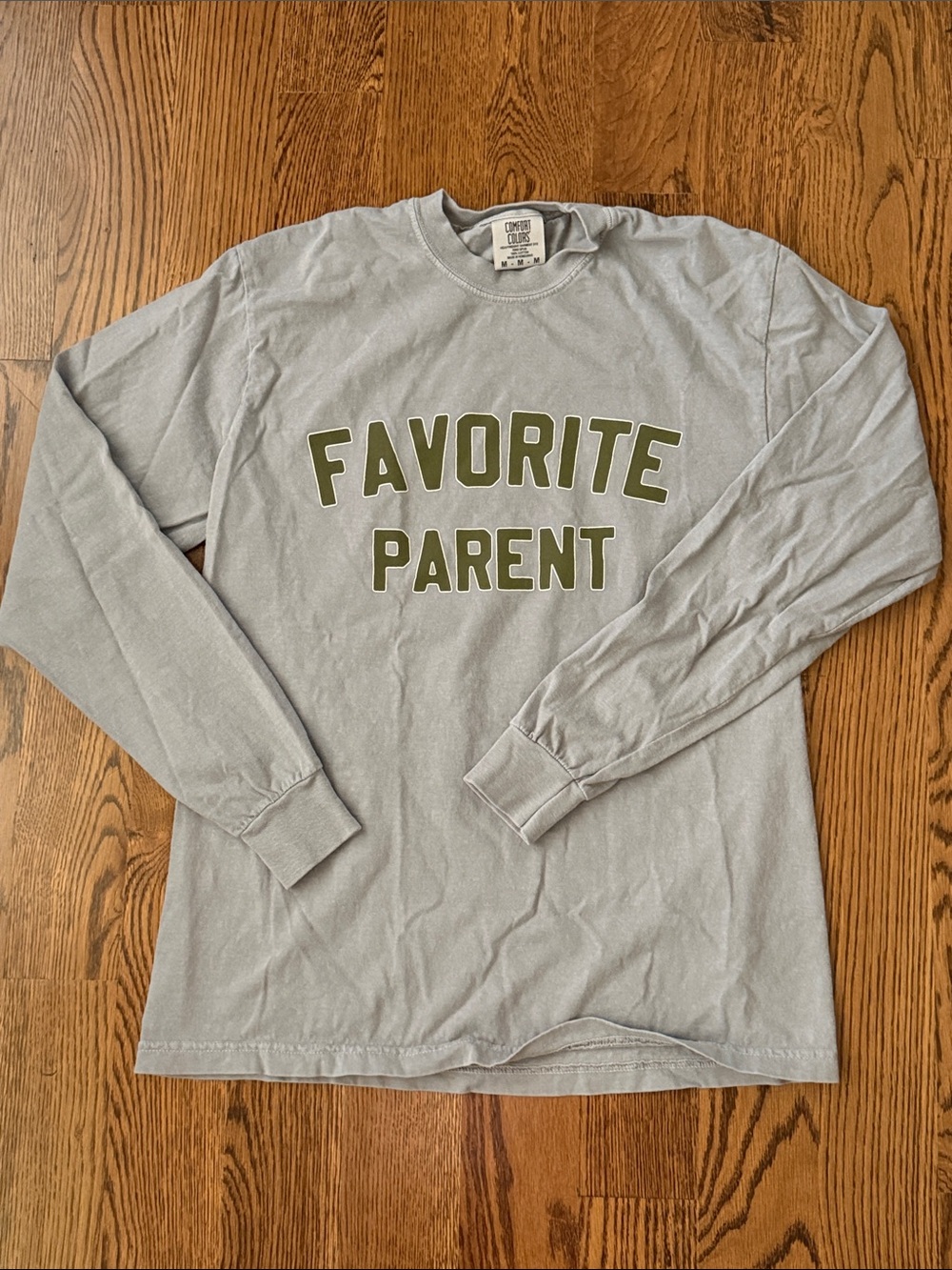 Comfort Colors Light Gray Long-Sleeve Tee with Olive 'Favorite Parent' Print